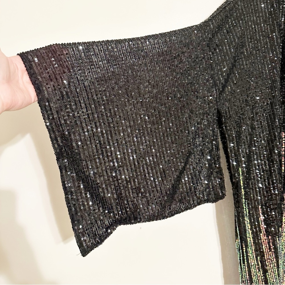Free People Party On Sequin Kimono Jacket Duster In Color Black Combo - Picture 4 of 10
